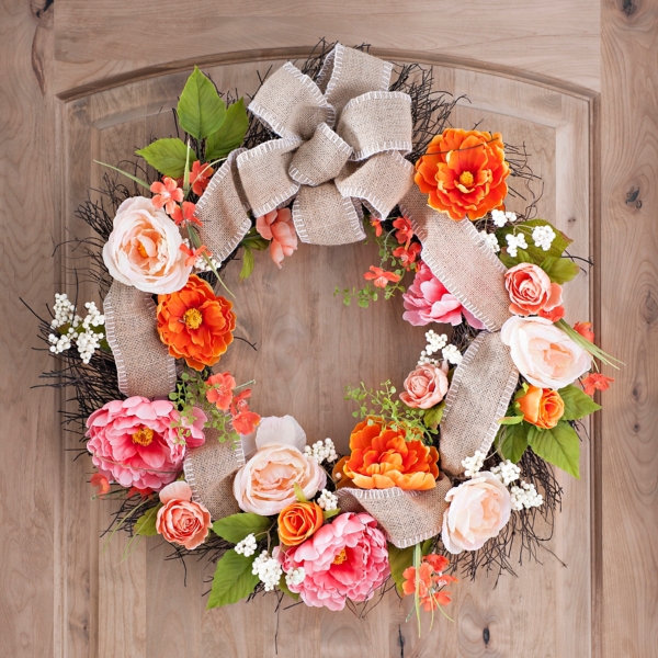 Coral Peony And Burlap Wreath Kirklands