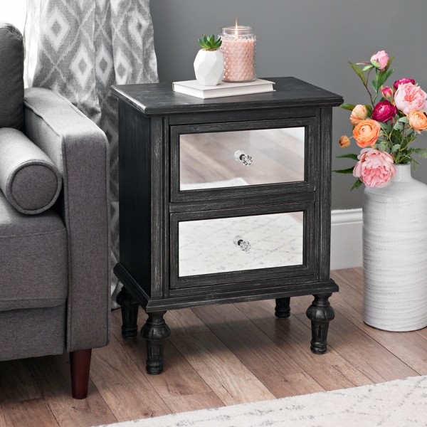 Black Washed Mirrored 2 Drawer Side Table