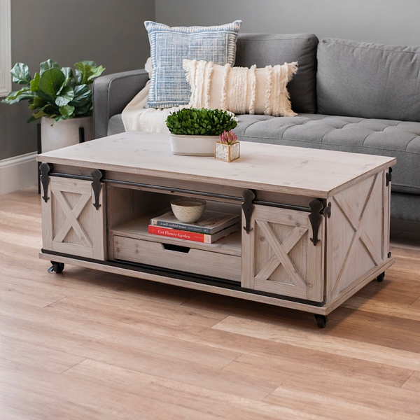 Gray Finished Farmhouse Sliding Door Coffee Table