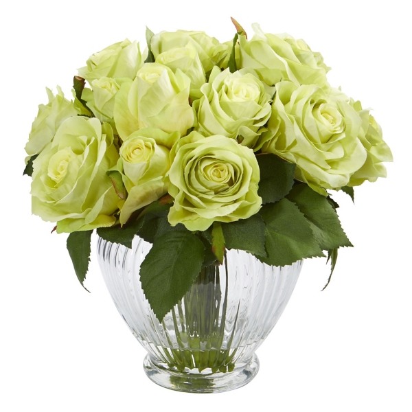 Green Roses Arrangement In Glass Vase Kirklands