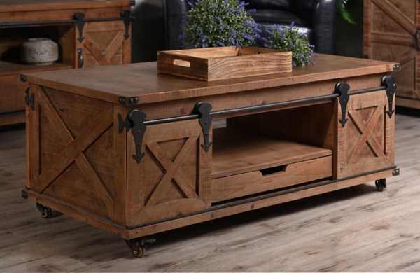 Rustic Fir Wood Rolling Barn Door Coffee Table