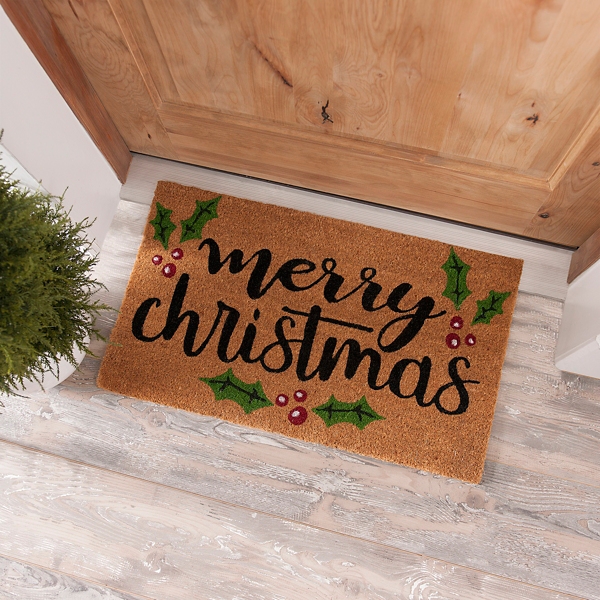 Merry Christmas Holly Coir Doormat