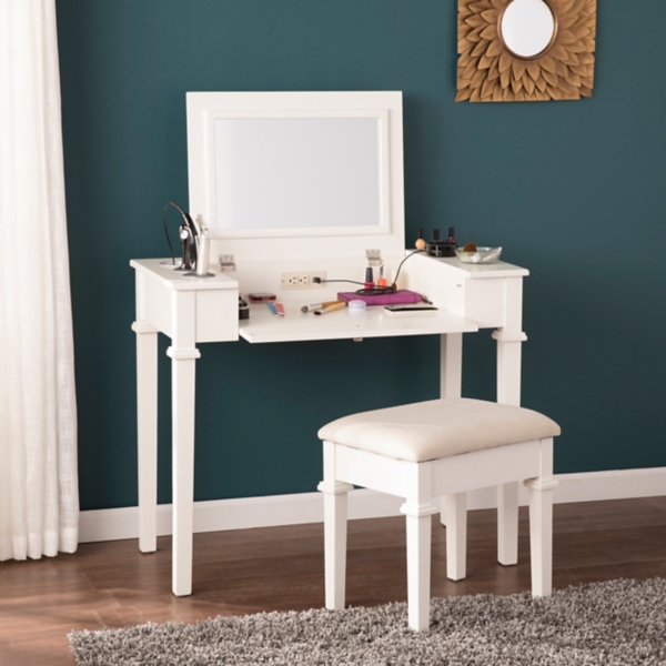 White Vanity Desk With Stool And Power Outlet Kirklands