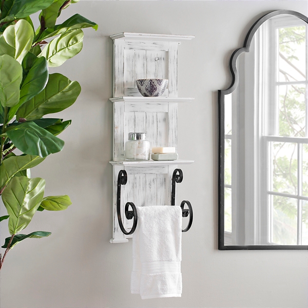 white shelf with towel bar