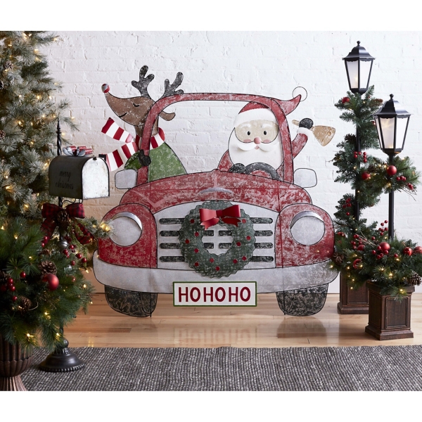 Santa And Reindeer In Car Metal Christmas Stake Kirklands