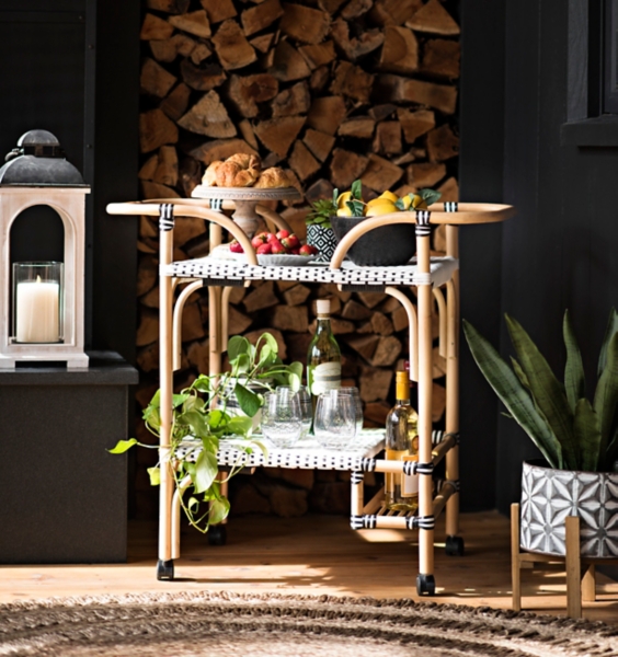 Black and White Rattan Bar Cart with Wood Frame