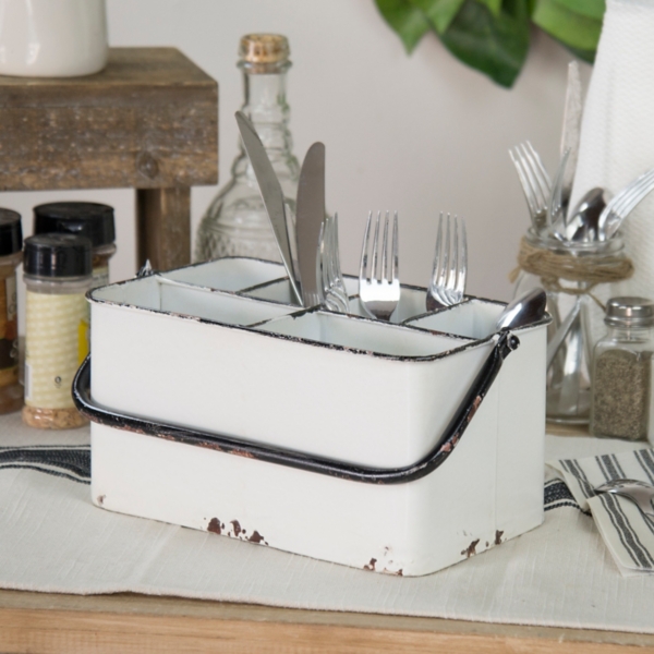 Distressed White Metal Utensil Caddy with Handle