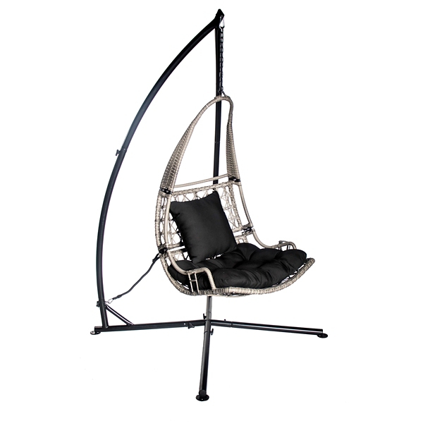 Gray Wicker Hanging Swing With Black Cushions Kirklands