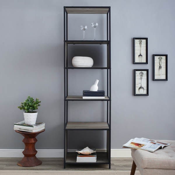 Industrial 5 Tier Metal Gray Wood Bookshelf Kirklands