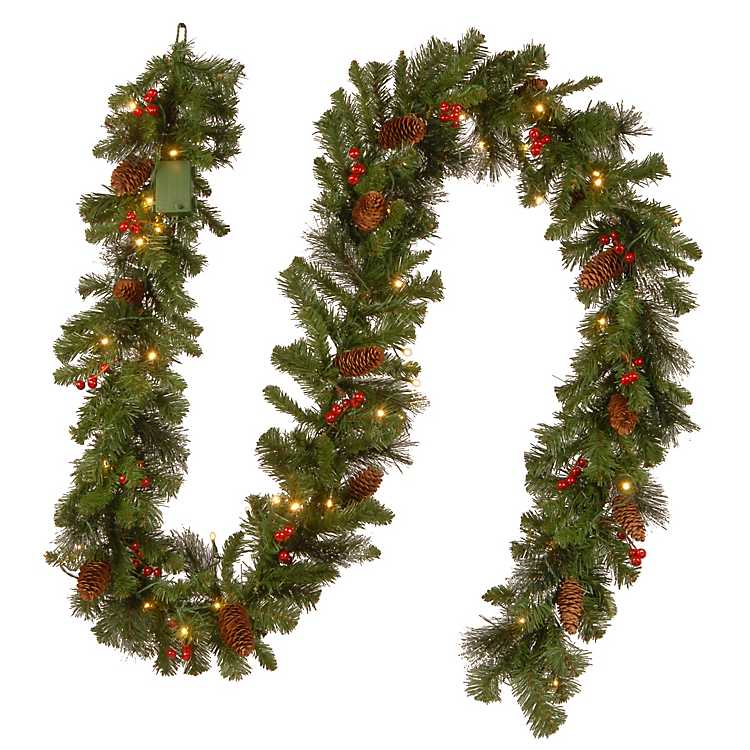 Red Co 30 x 14 Light-Up Christmas Centerpiece with Pine Cones and Cranberries Battery Operated LED Lights with Timer