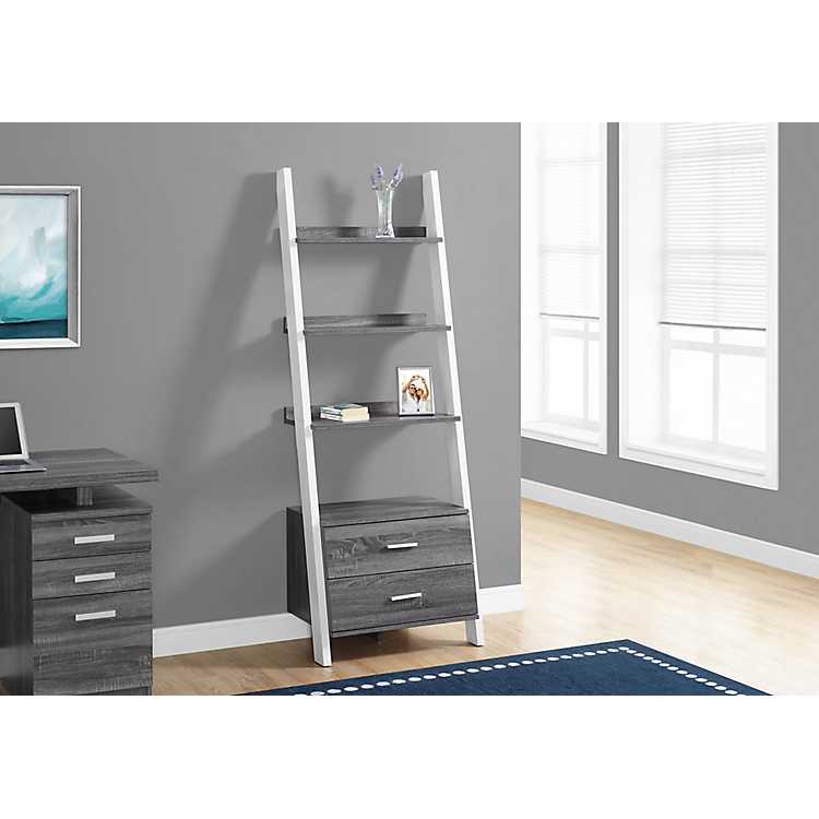Gray And White Ladder Bookcase With 2 Drawers Kirklands
