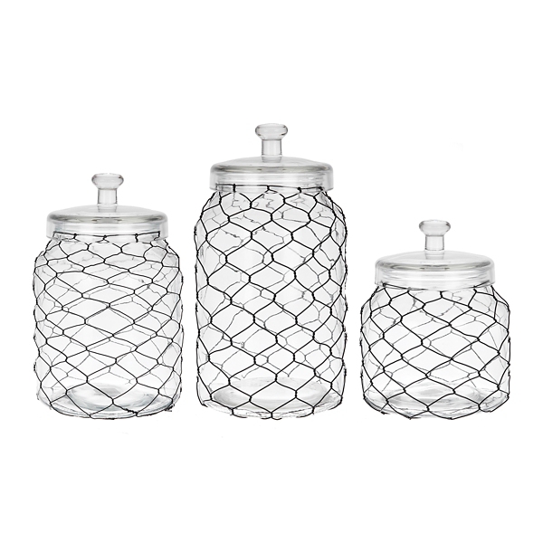 New! Black Chicken Wire and Glass Canisters, Set of 3