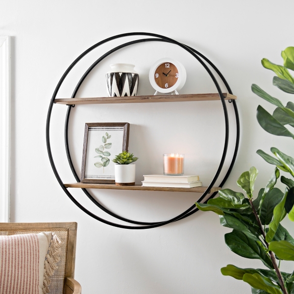 Metal Circle Double Wood Plank Wall Shelf 36 In Kirklands