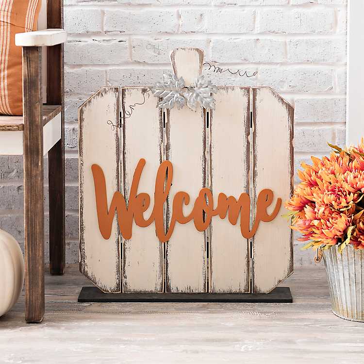 Distressed White Welcome Pumpkin Sign