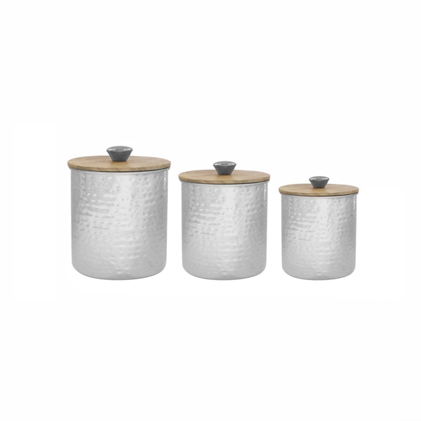 Steel Hammered 3 Pc Canister Set With Wood Lids Kirklands