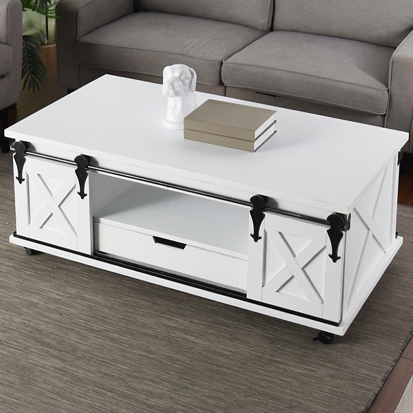 White Barn Door Style Coffee Table With Drawer