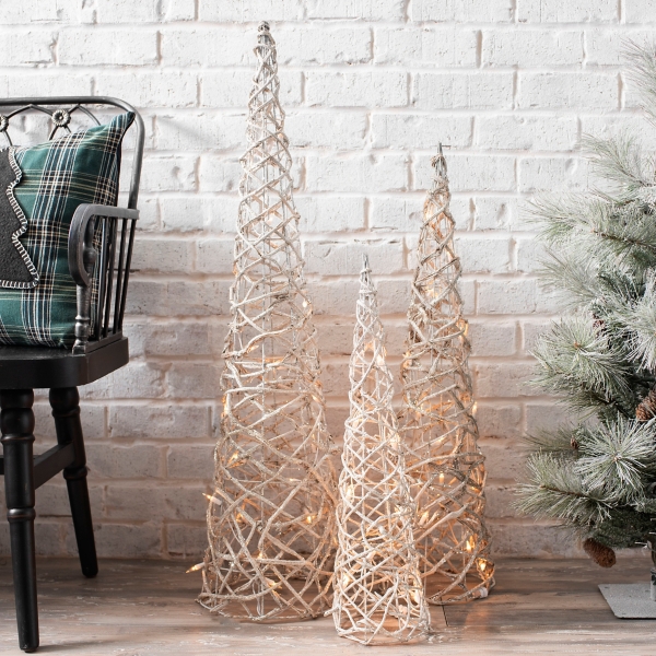 Pre Lit Rattan Christmas Trees Set Of 3 Kirklands