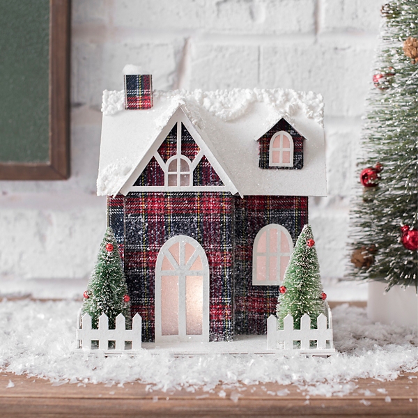 Plaid pre-lit house statue farmhouse Christmas