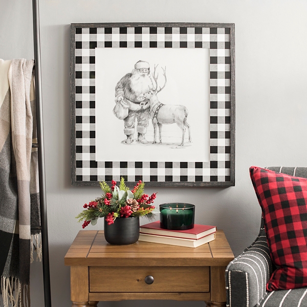 Black And White Santa With Reindeer Framed Art