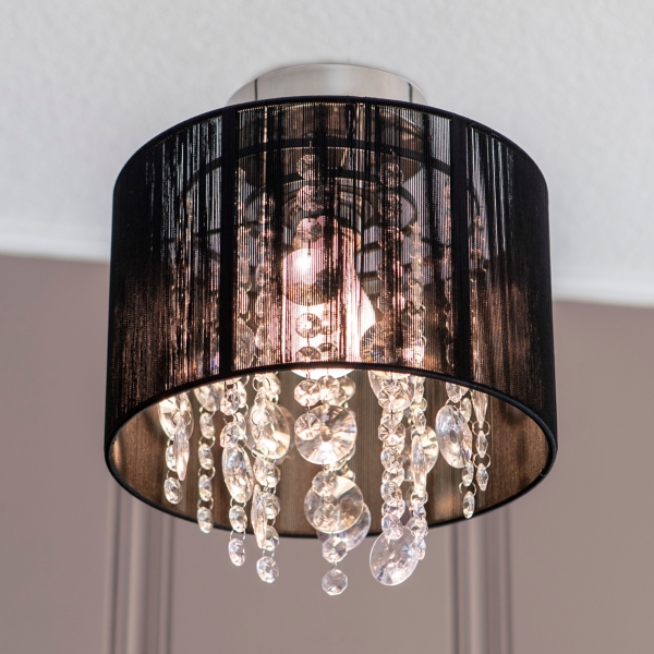 Beaded Black Drum Shade Flush Mount Light Fixture