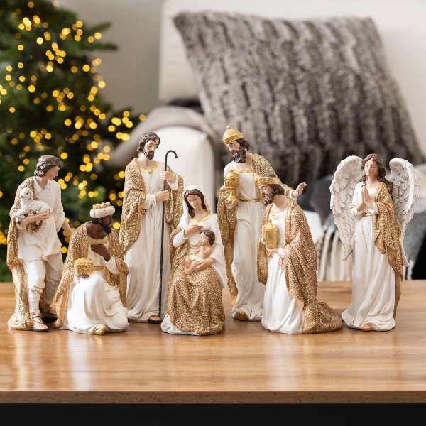 Cream And Gold Christmas Nativity Scene Set Of 7