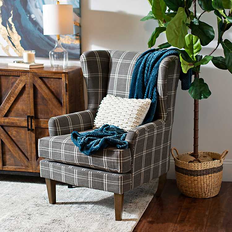 Charcoal Plaid Wingback Chair With Heirloom Legs Kirklands