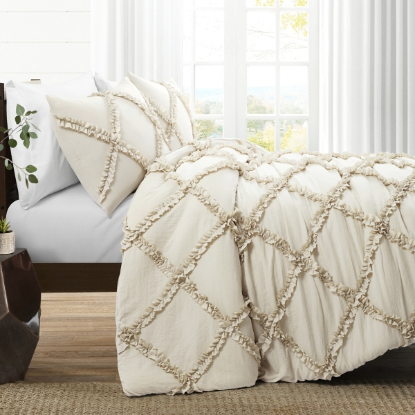 Neutral Diamond Ruffle 3 Pc Queen Comforter Set Kirklands