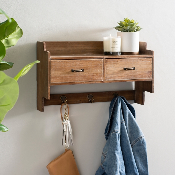 Wooden Wall Shelf With Drawers And Hooks Kirklands