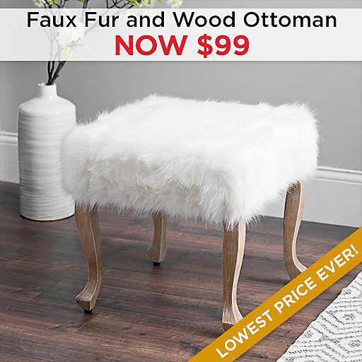 White Faux Fur and Distressed Wood Ottoman Now $99