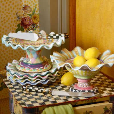 MacKenzie-Childs  Courtly Check Ceramic Fluted Cake Stand