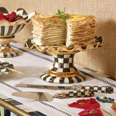 MacKenzie Childs Courtly Check Ceramic Fluted Cake Stand