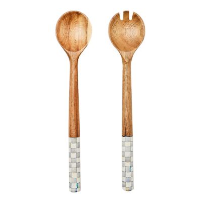 Sterling Check Wood Salad Servers mackenzie-childs Panama 0