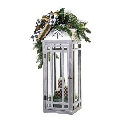 White Floral and Mixed Pine Christmas Centerpiece With Lantern