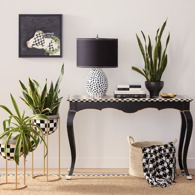 Acacia Mid Century Plant Stand (Adjustable) + Black & White Pot Basket