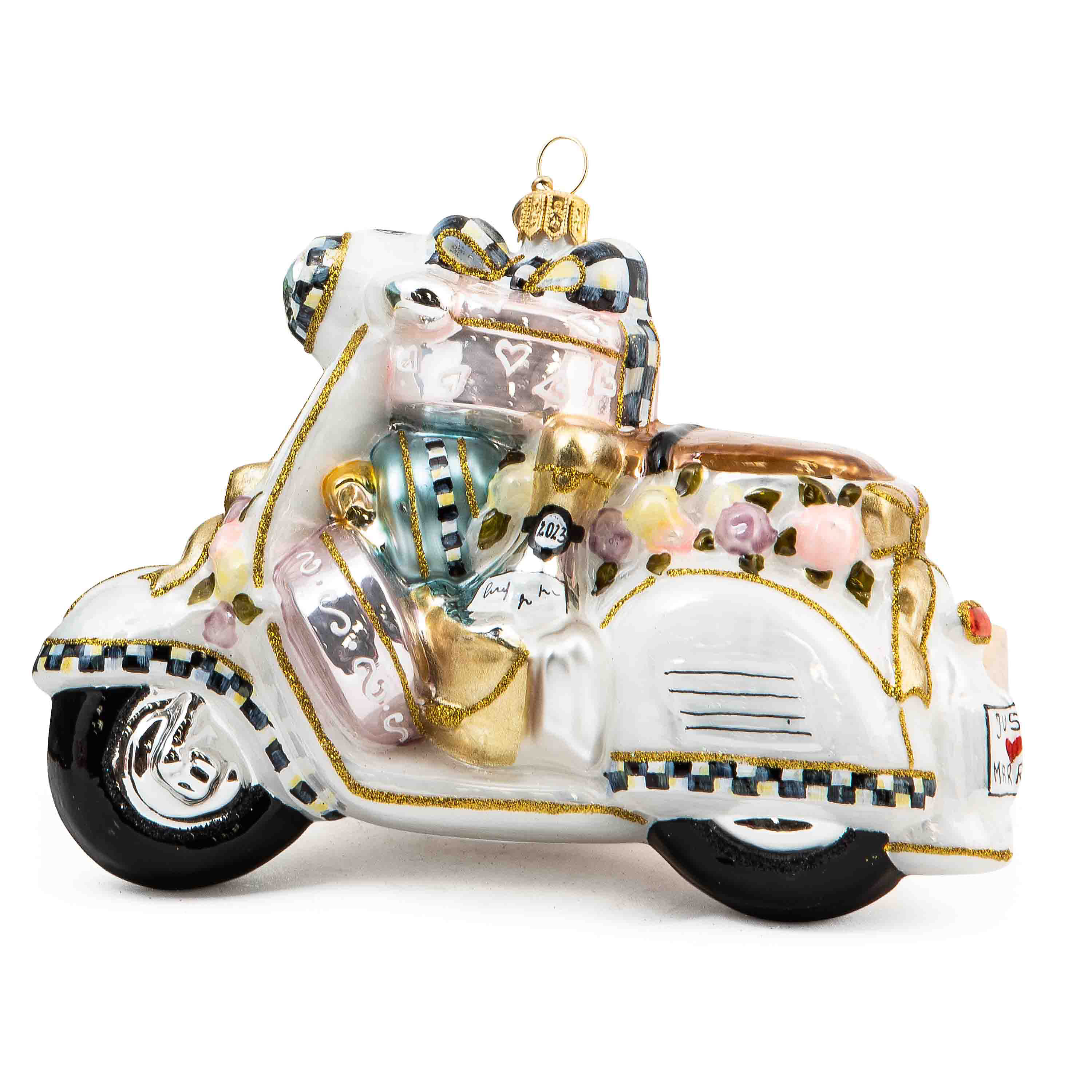 Just Married Scooter Glass Ornament mackenzie-childs Panama 0