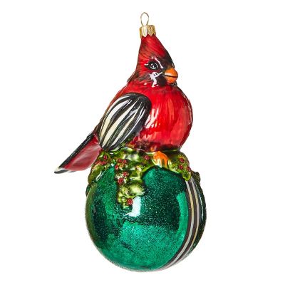 Cozy Cardinal On Ball Glass Ornament mackenzie-childs Panama 0