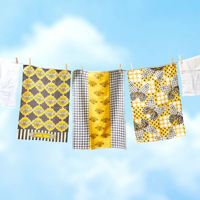 New! Let's BEE Happy Woven Kitchen Dish Towel Set Bees Gingham