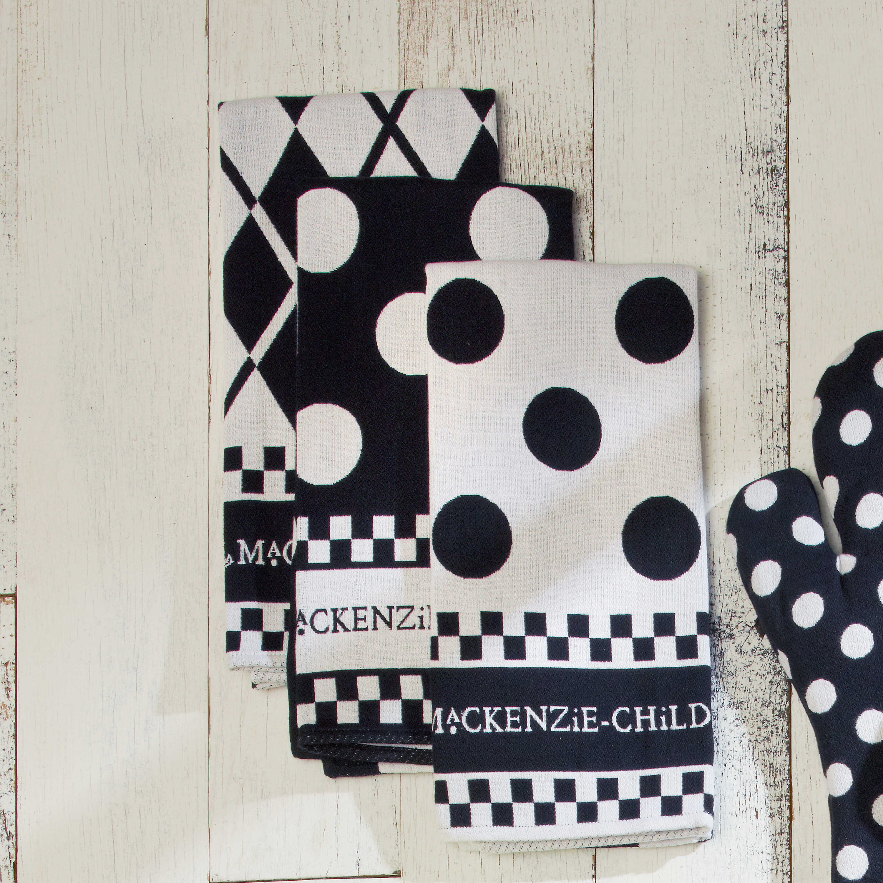Black & White Dot Dish Towels, Set of 3 - Mackenzie-Childs