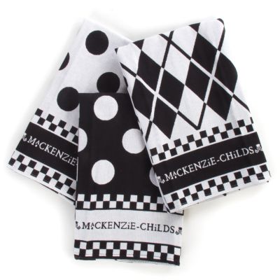 MacKenzie-Childs Black and White Dot Dish Towels - Set of 3