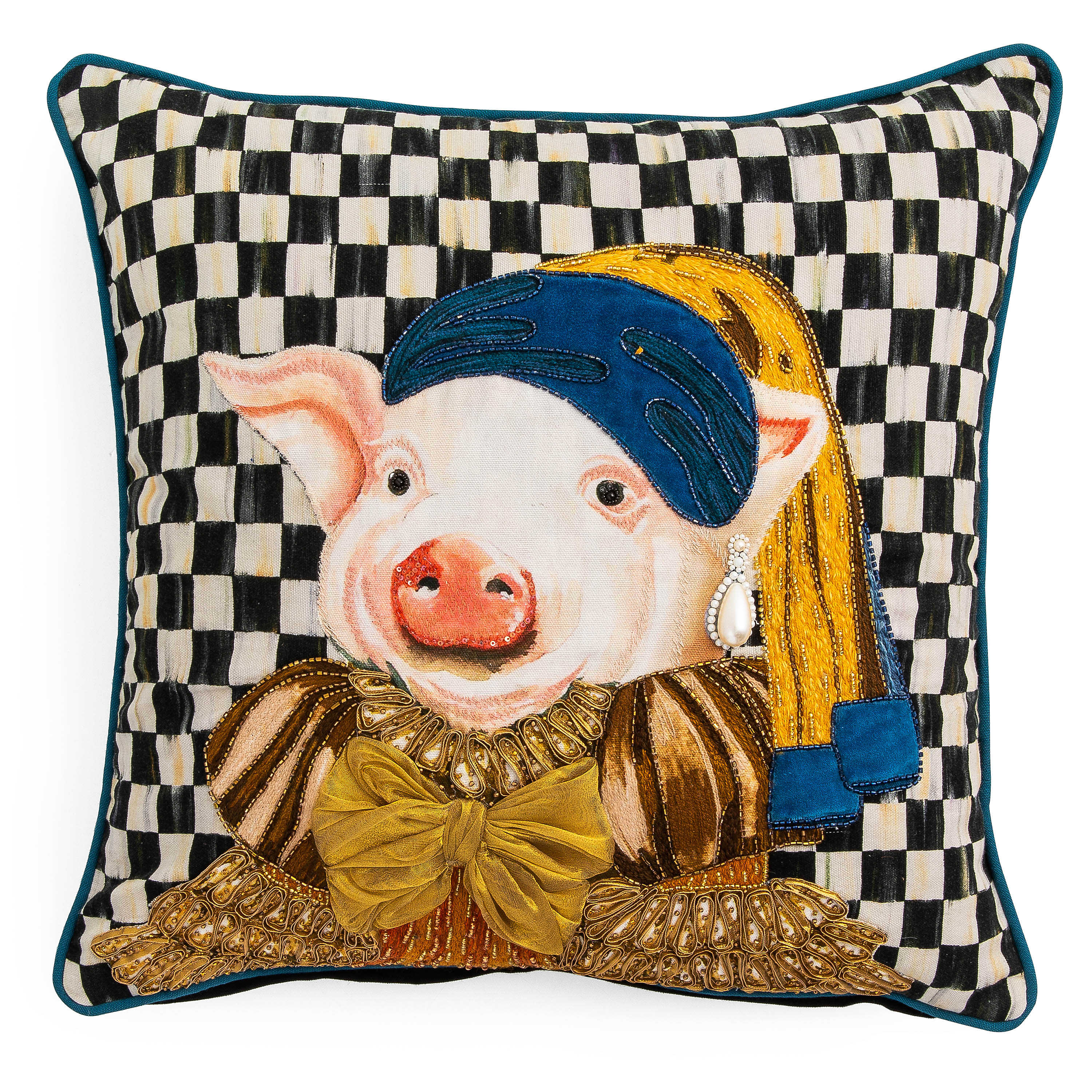 Pig With Pearl Earring Throw Pillow mackenzie-childs Panama 0