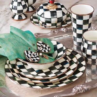 1pc Checkered Enamel Round Plate 26cm Black White Enamel Plates