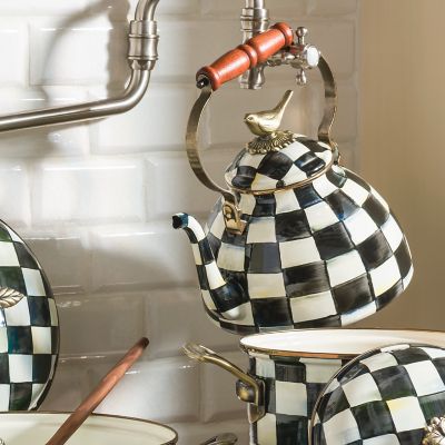 MacKenzie-Childs Courtly Check Enamel Tea Kettle with Bird Topper, Stovetop  Kettle, Tea Accessories