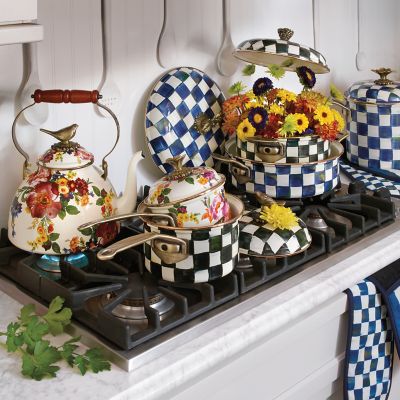 MacKenzie-Childs  White Flower Market 3 Quart Tea Kettle with Bird