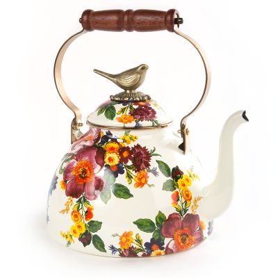MacKenzie-Childs  White Flower Market 3 Quart Tea Kettle with Bird