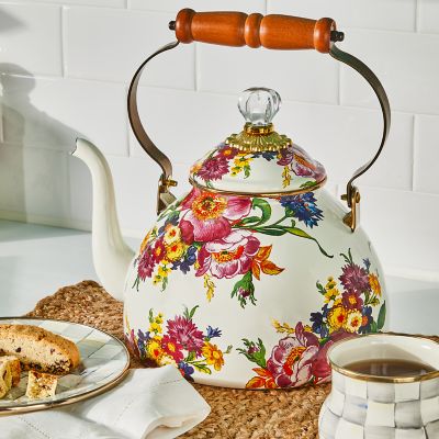 MacKenzie-Childs  White Flower Market 3 Quart Tea Kettle with Bird