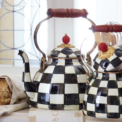 Mackenzie-Childs Courtly Check Enamel Kettle Teapot Black White 3