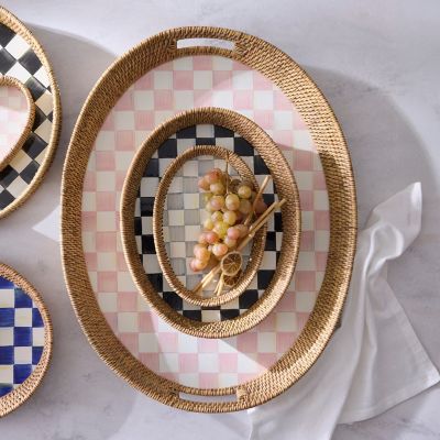 Rosy Check Enamel & Rattan Party Tray Image 3