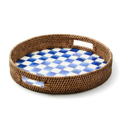 Royal Check Enamel & Rattan Round Serving Tray mackenzie-childs Panama 0