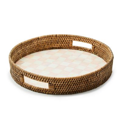 Rosy Check Enamel & Rattan Round Serving Tray mackenzie-childs Panama 0