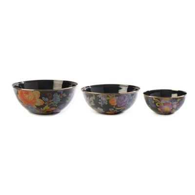 MacKenzie-Childs  Black Flower Market Mixing Bowls, Set of 3